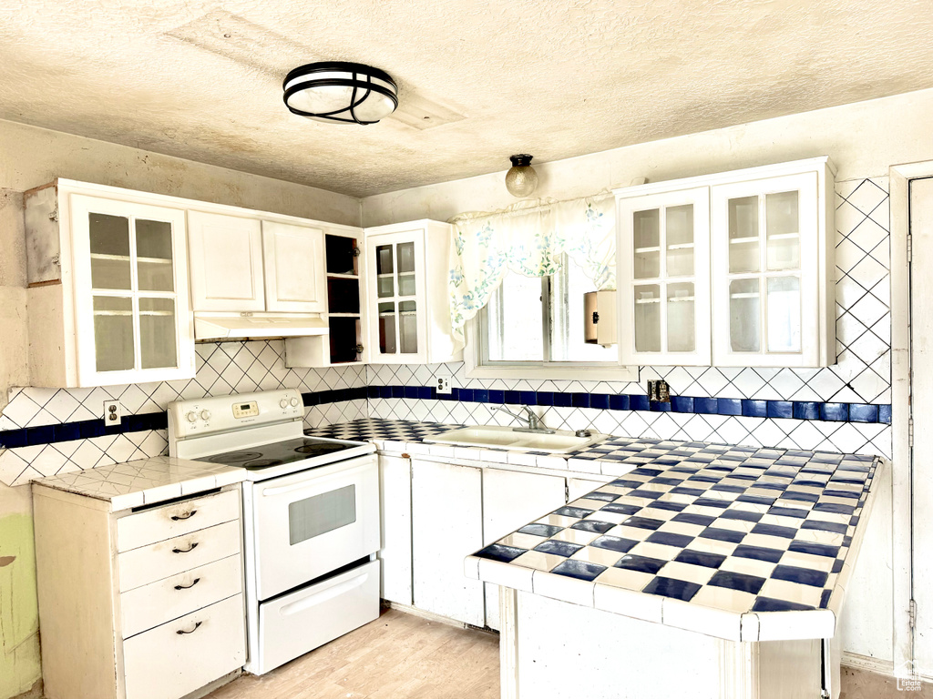 Kitchen featuring backsplash, white range with electric stovetop, sink, white cabinetry, and custom exhaust hood