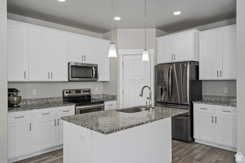 Kitchen featuring sink, appliances with stainless steel finishes, hanging light fixtures, white cabinetry, and a kitchen island with sink