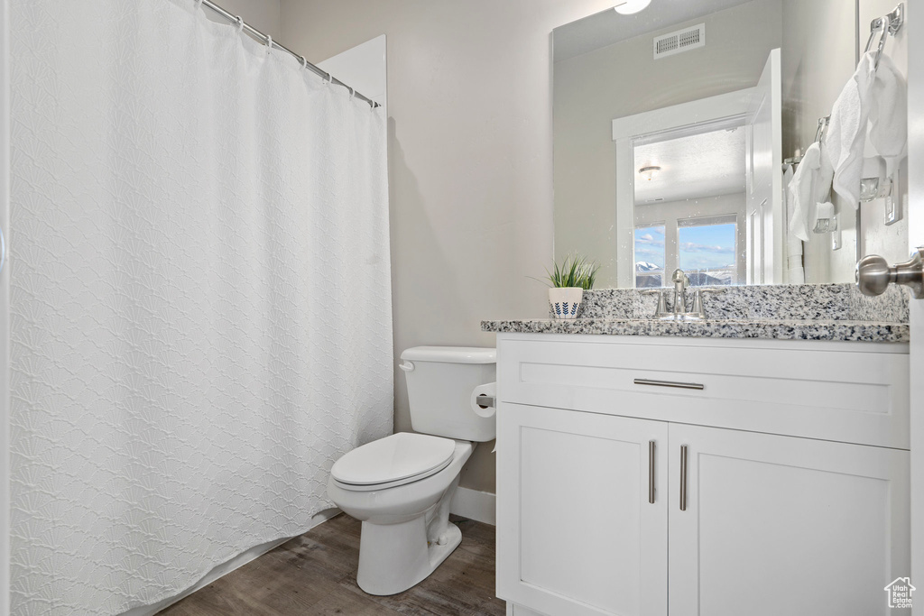Bathroom with hardwood / wood-style flooring, toilet, and large vanity