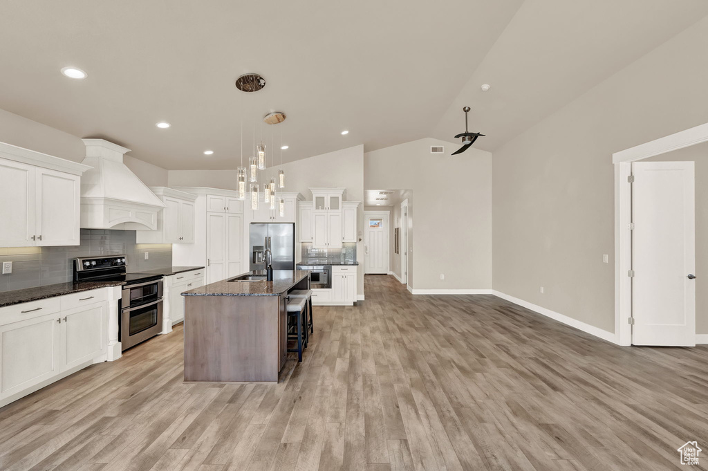 Kitchen featuring appliances with stainless steel finishes, premium range hood, an island with sink, and light hardwood / wood-style floors