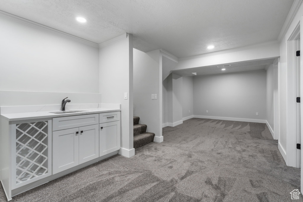 Basement featuring light carpet, a textured ceiling, crown molding, and sink