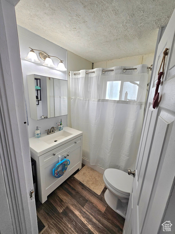 Bathroom featuring wood-type flooring, vanity, toilet, and a textured ceiling