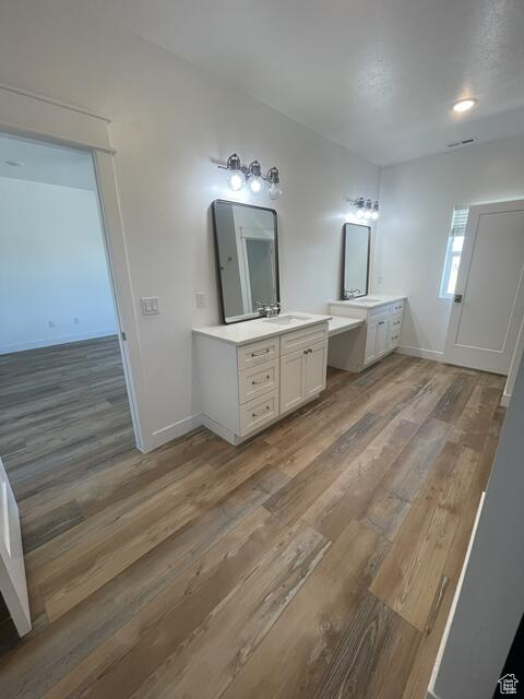 Bathroom with wood-type flooring and vanity