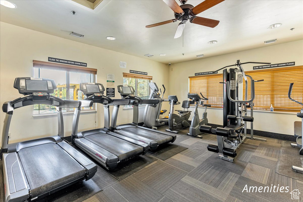 Workout area featuring ceiling fan and dark colored carpet