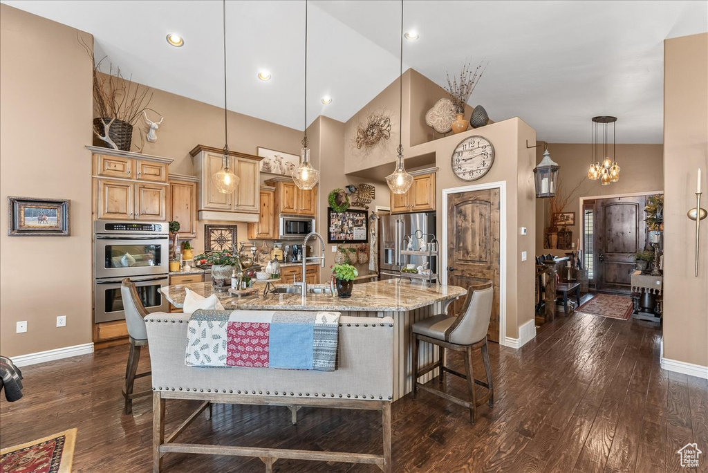 Kitchen featuring a breakfast bar area, appliances with stainless steel finishes, a kitchen island with sink, and dark hardwood / wood-style floors