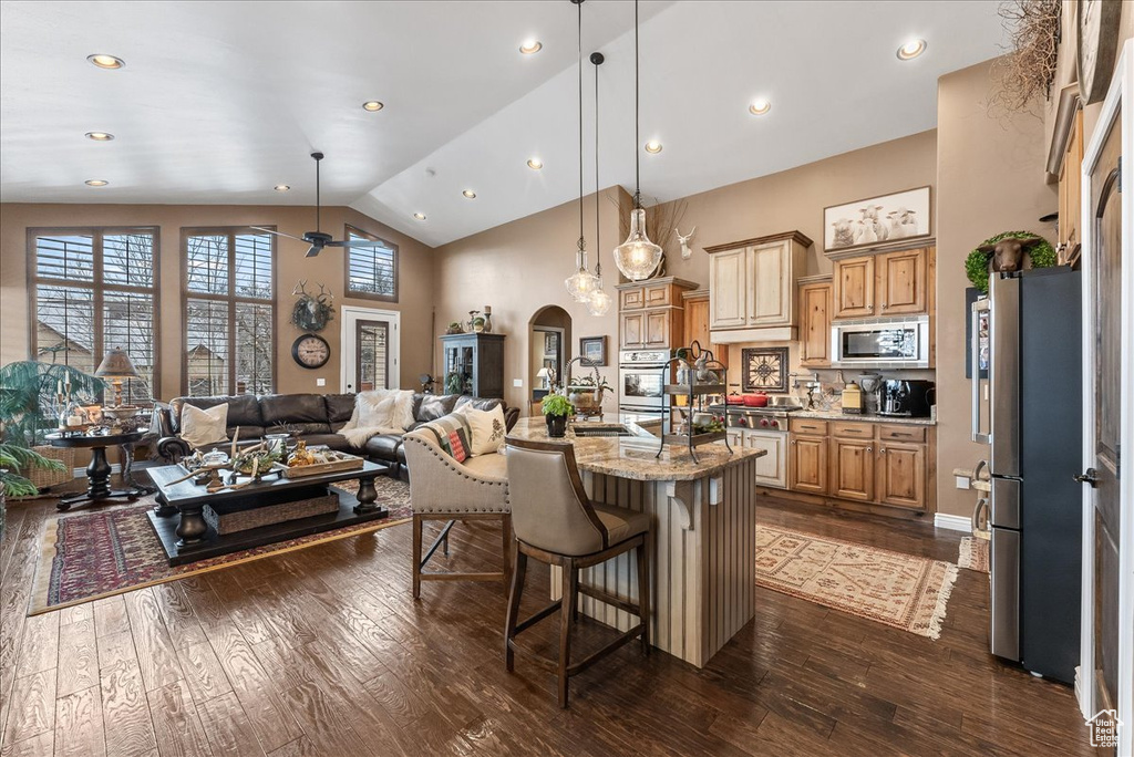 Kitchen featuring ceiling fan, an island with sink, dark hardwood / wood-style floors, a breakfast bar, and appliances with stainless steel finishes