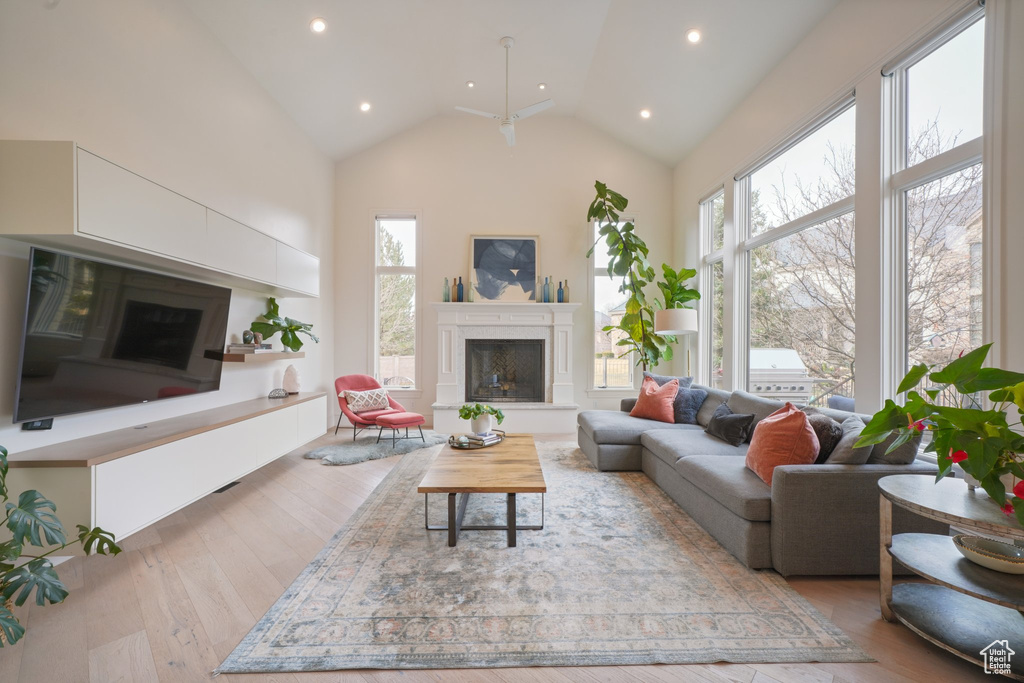 Living room featuring light wood-type flooring, high vaulted ceiling, and a wealth of natural light