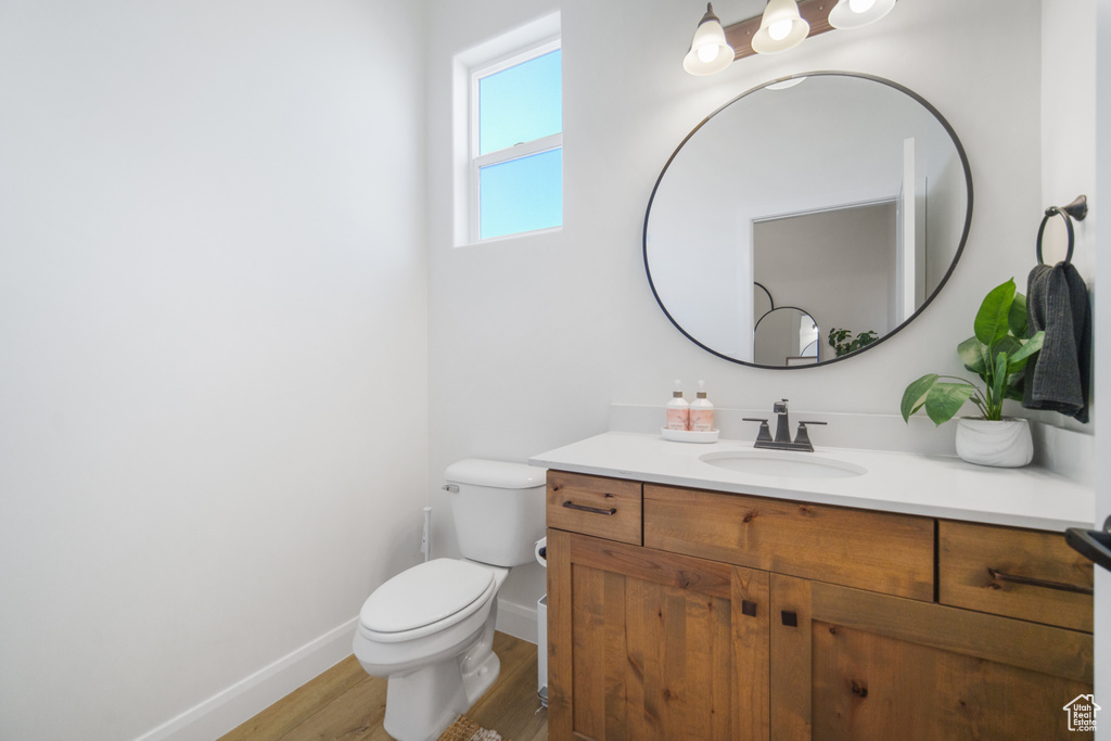 Bathroom with large vanity, toilet, and wood-type flooring