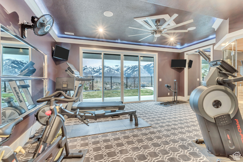 Exercise room with a mountain view, a wealth of natural light, a raised ceiling, and ceiling fan