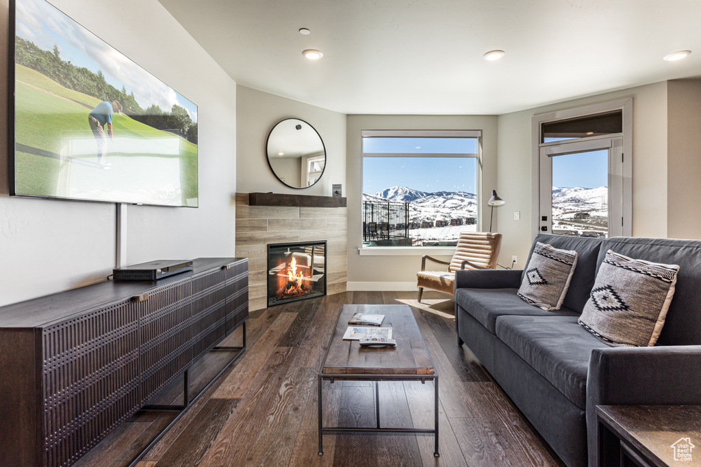 Living room featuring a tile fireplace, a mountain view, and dark wood-type flooring