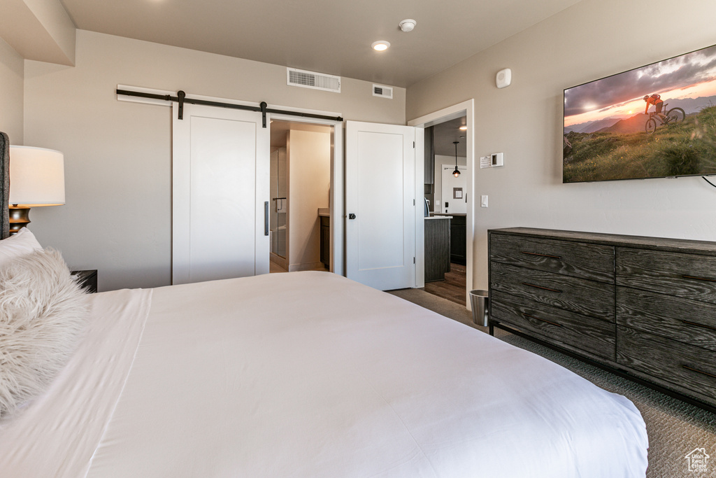 Bedroom featuring a barn door and connected bathroom