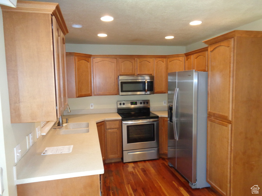 Kitchen featuring sink, dark hardwood / wood-style flooring, and stainless steel appliances