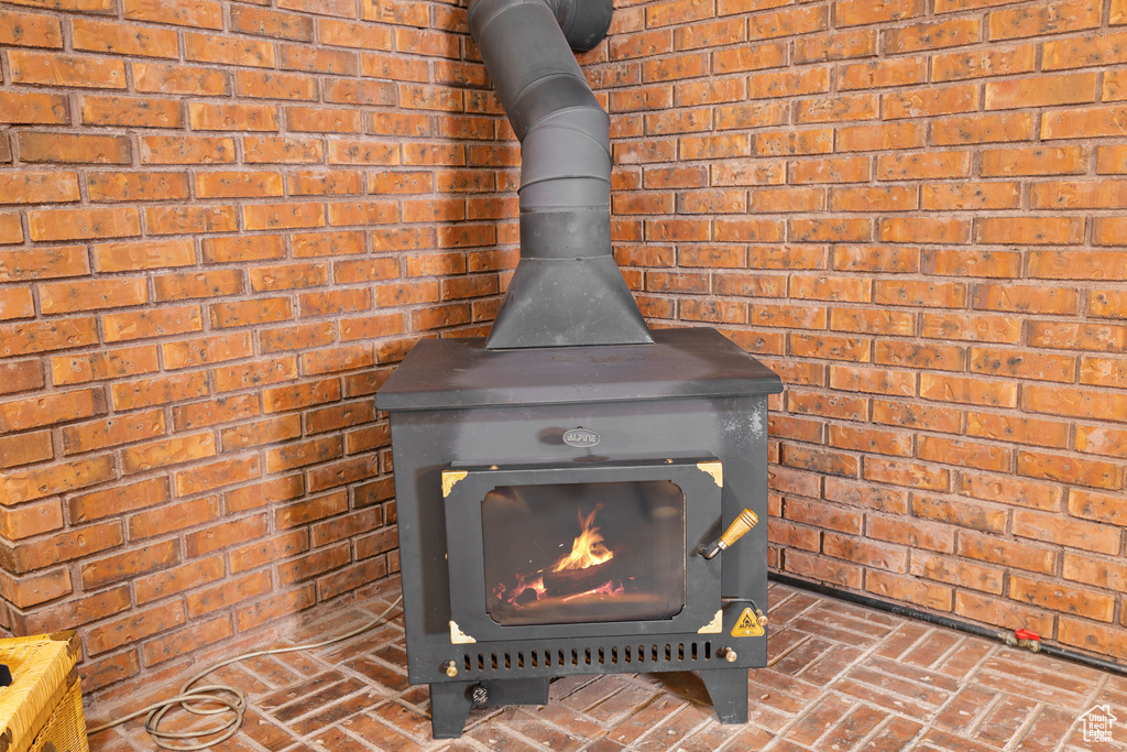 Exterior details featuring a wood stove