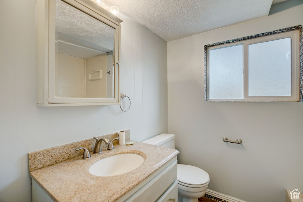 Bathroom featuring large vanity, toilet, and a textured ceiling