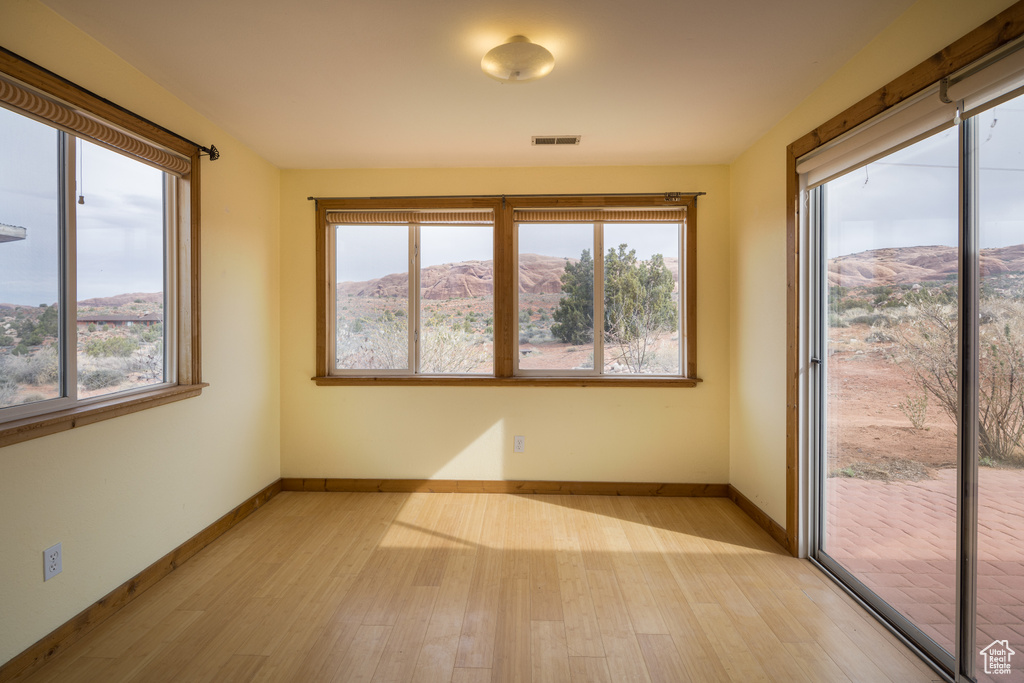 Spare room featuring plenty of natural light and light hardwood / wood-style flooring