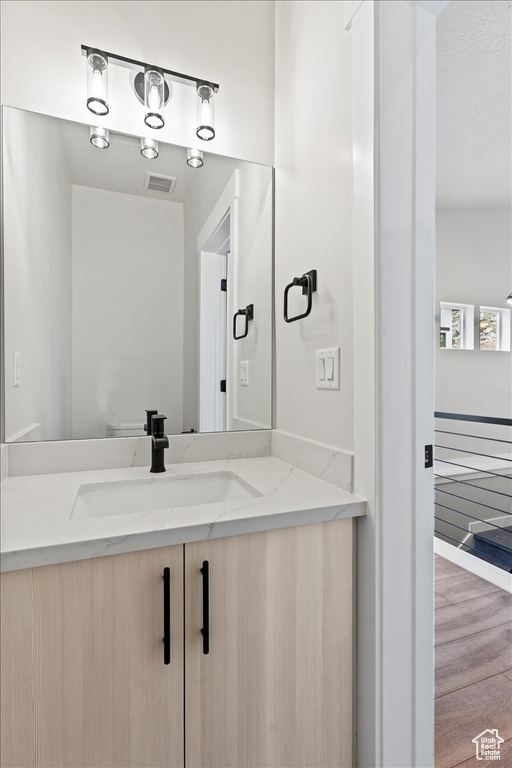 Bathroom with hardwood / wood-style floors and oversized vanity