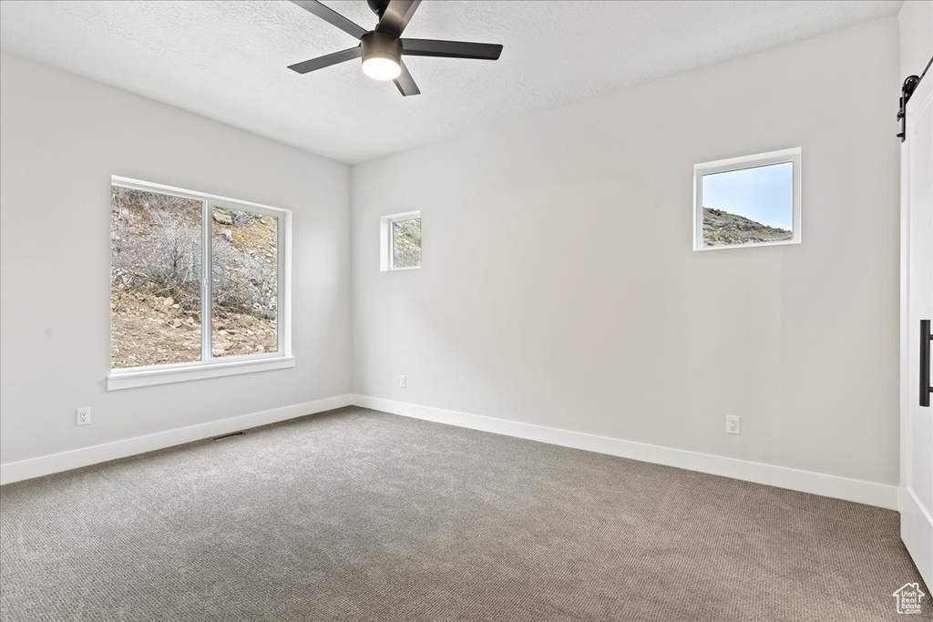 Empty room featuring plenty of natural light, ceiling fan, a barn door, and light colored carpet