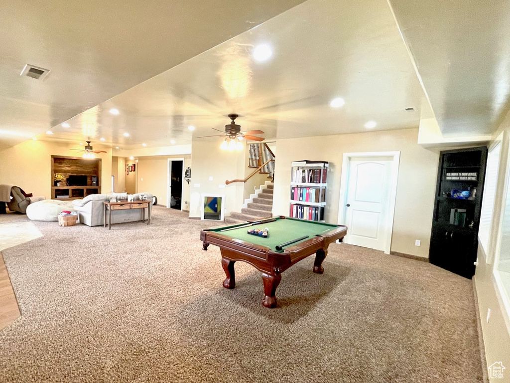 Rec room featuring billiards, ceiling fan, and light hardwood / wood-style flooring