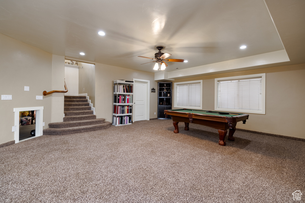 Playroom featuring billiards, ceiling fan, and carpet floors