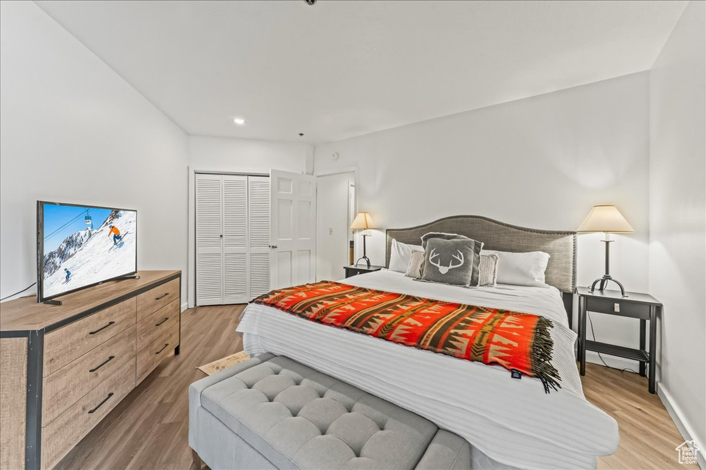 Bedroom with light hardwood / wood-style floors and a closet