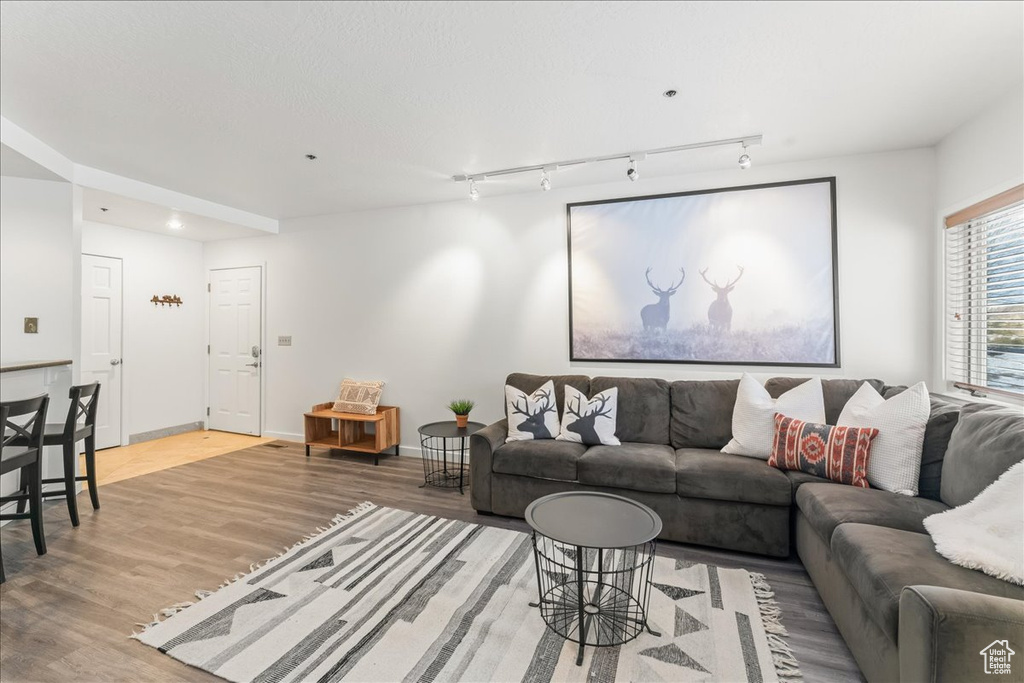 Living room featuring light hardwood / wood-style flooring and track lighting