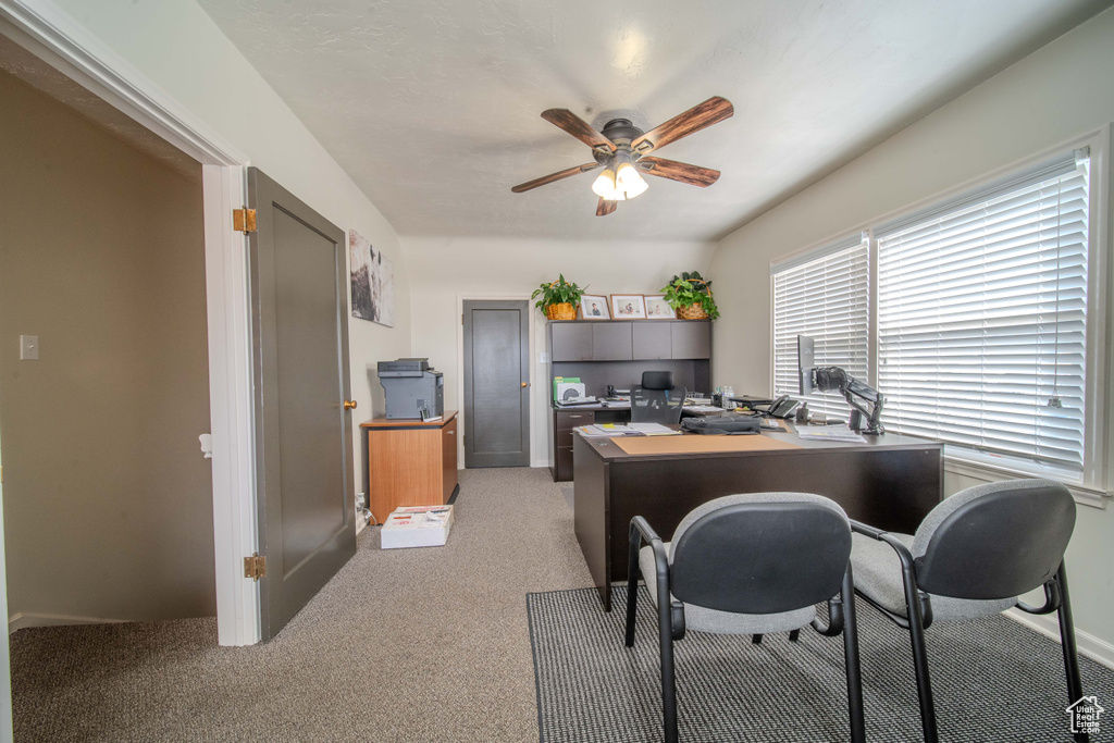Office space featuring light colored carpet and ceiling fan