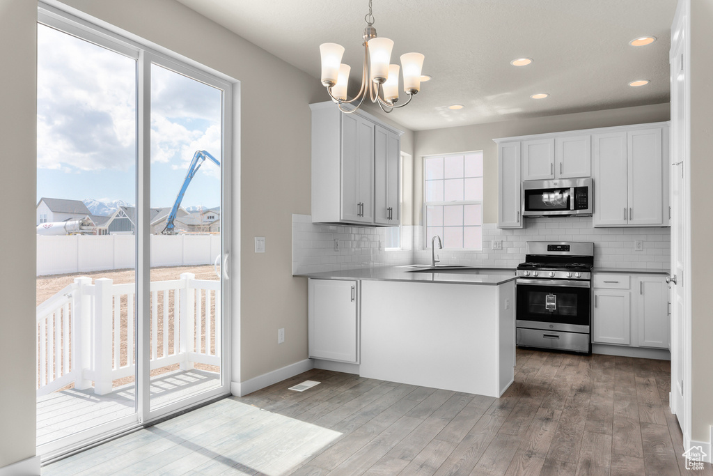 Kitchen featuring tasteful backsplash, light hardwood / wood-style flooring, stainless steel appliances, and white cabinetry