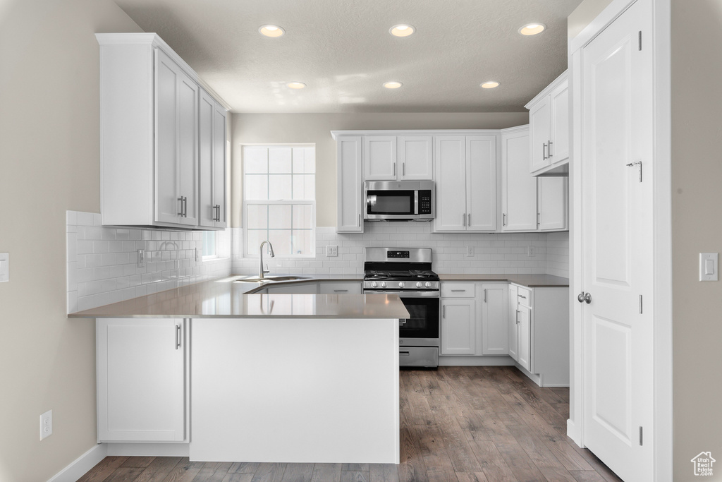 Kitchen with wood-type flooring, backsplash, kitchen peninsula, stainless steel appliances, and sink
