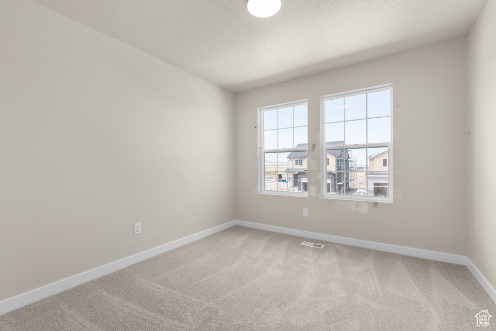 Empty room featuring carpet and a textured ceiling