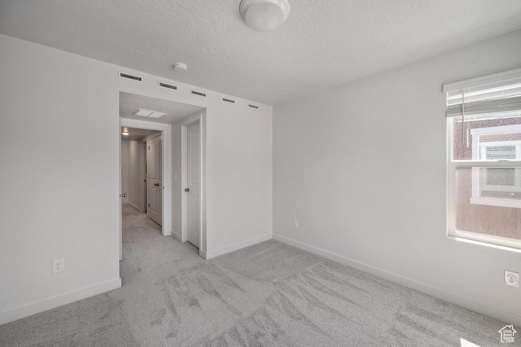 Unfurnished room featuring light colored carpet, a healthy amount of sunlight, and a textured ceiling