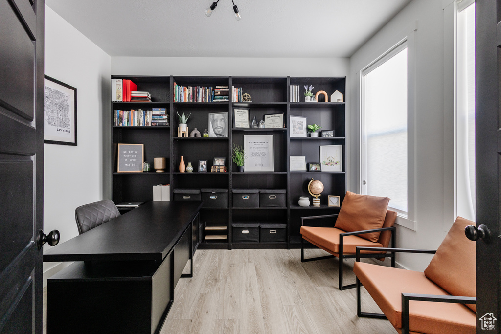 Office area featuring light hardwood / wood-style floors and a wealth of natural light