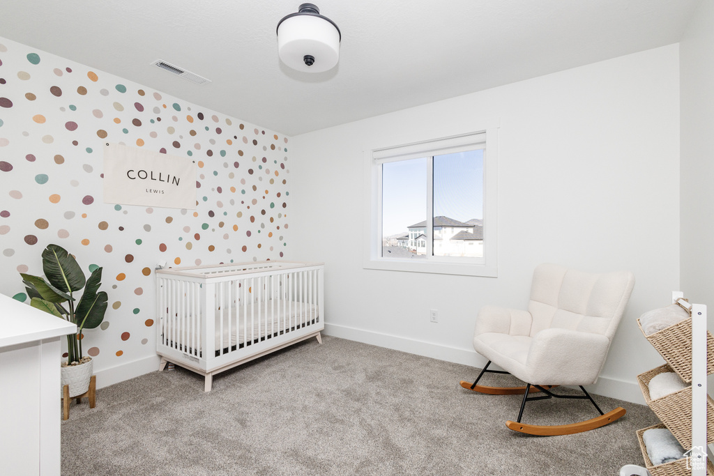 Carpeted bedroom with a crib