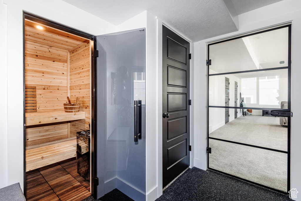 Interior space with dark colored carpet