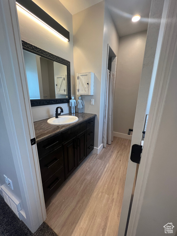 Bathroom featuring wood-type flooring and large vanity