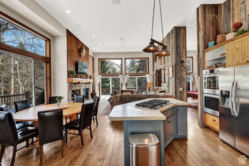 Kitchen featuring hardwood / wood-style flooring, a fireplace, stainless steel appliances, and gray cabinetry