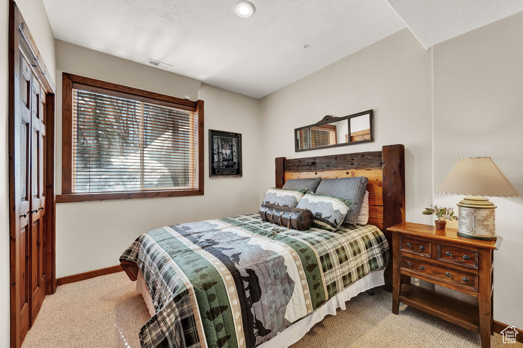 Carpeted bedroom with a closet