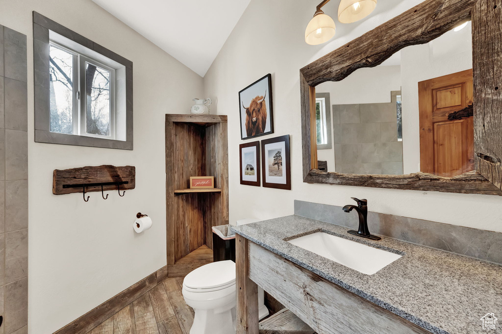 Bathroom with lofted ceiling, hardwood / wood-style floors, vanity, and toilet