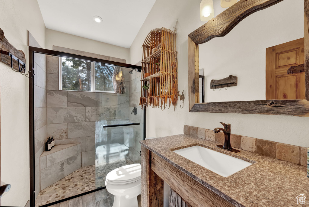 Bathroom with large vanity, a tile shower, toilet, and hardwood / wood-style flooring