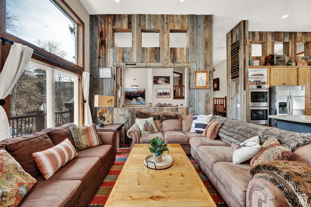 Living room with wooden walls
