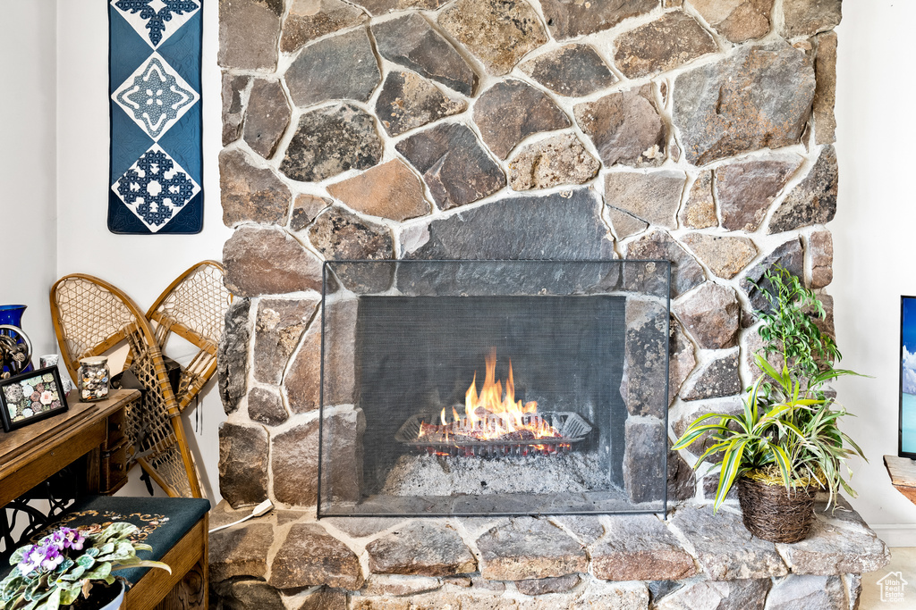 Interior details with a stone fireplace