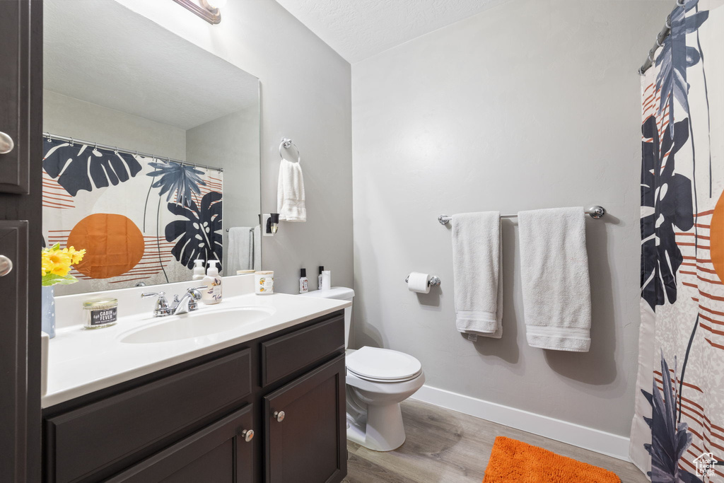 Bathroom featuring hardwood / wood-style floors, large vanity, toilet, and a textured ceiling