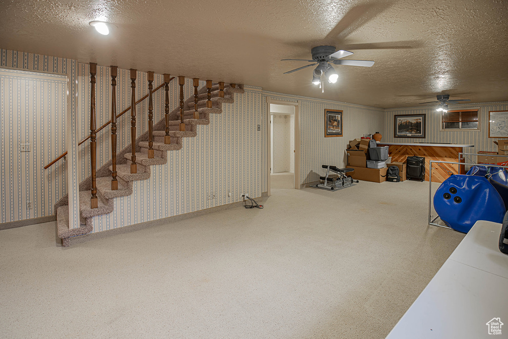 Basement featuring ceiling fan and a textured ceiling