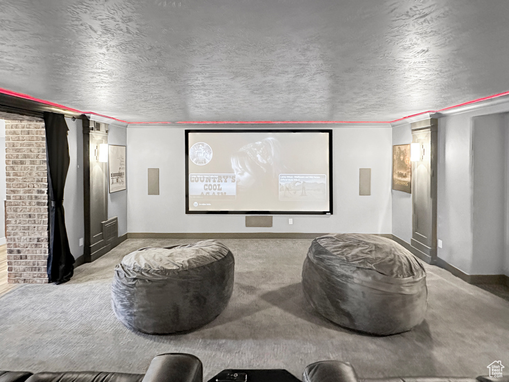 Cinema room with brick wall and a textured ceiling