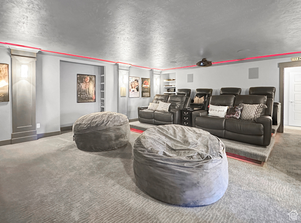 Cinema room featuring carpet and a textured ceiling