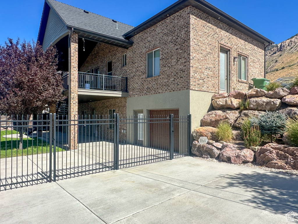 Exterior space featuring a garage