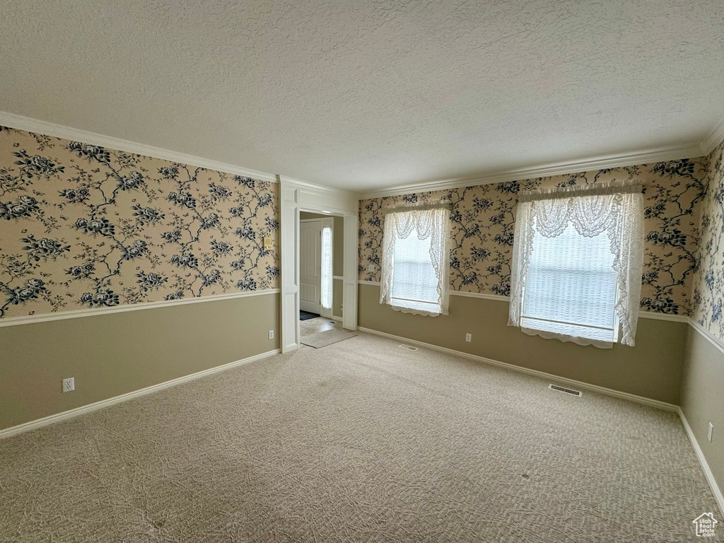 Carpeted spare room with a textured ceiling and crown molding