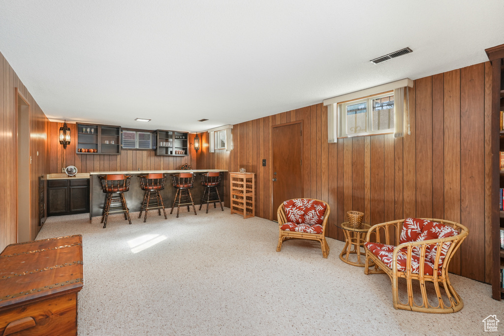 Living area featuring bar area and wood walls