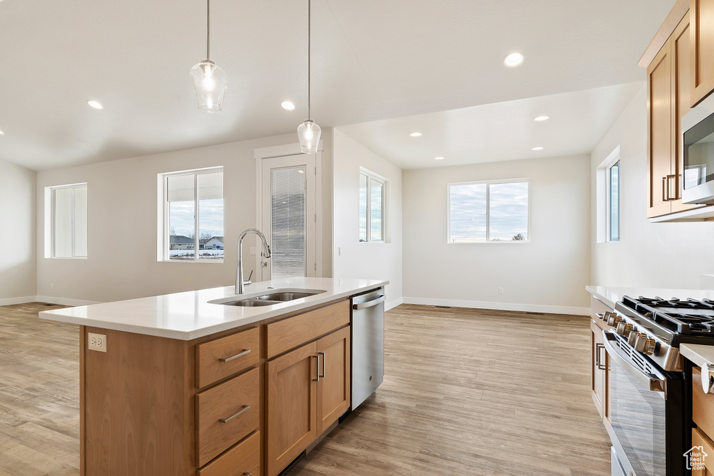 Kitchen featuring dishwasher, decorative light fixtures, sink, and light hardwood / wood-style floors