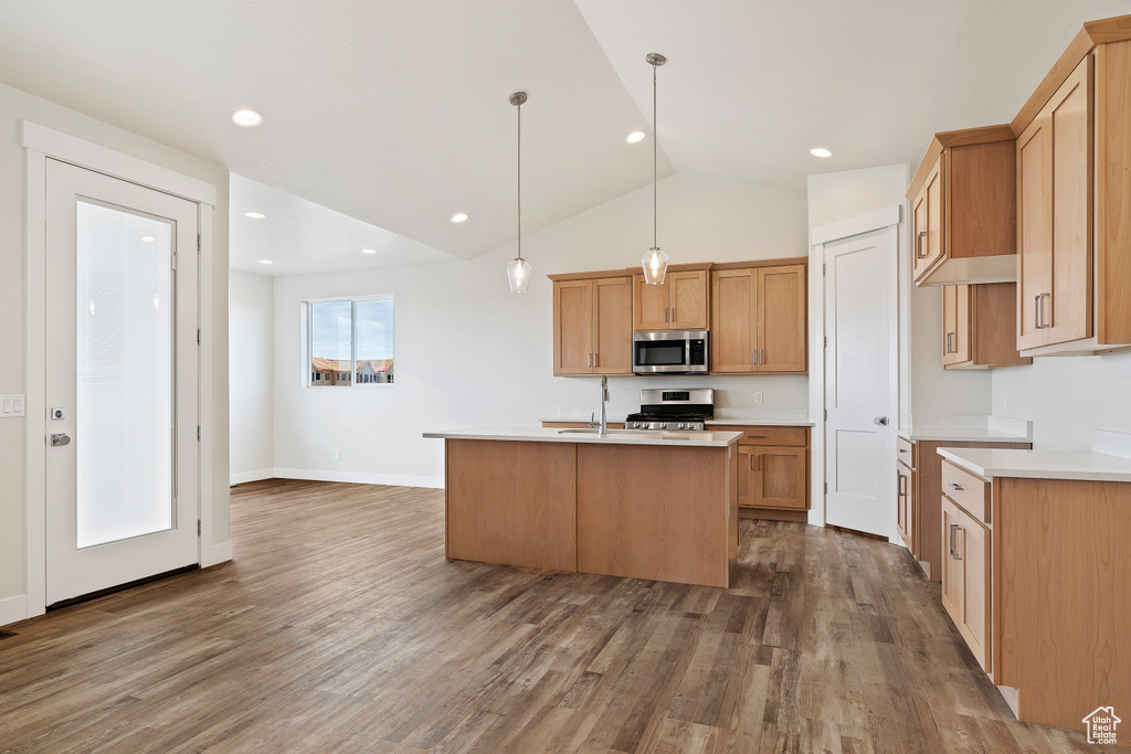 Kitchen with decorative light fixtures, stainless steel appliances, a kitchen island with sink, and dark wood-type flooring