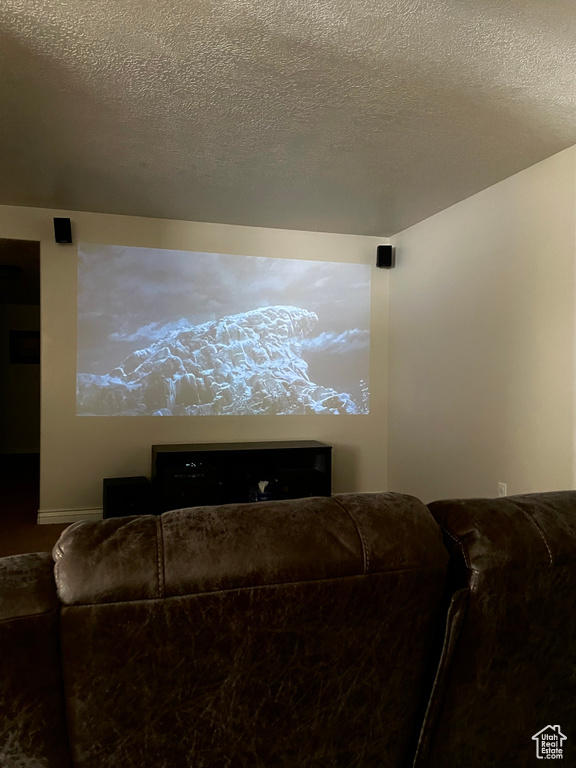 Home theater room featuring a textured ceiling
